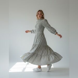 She + Sky Smocked Striped Midi Dress Cottagecore NWT